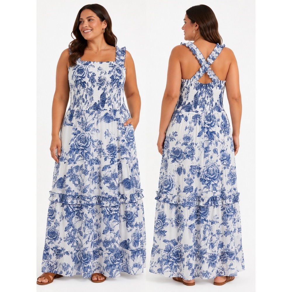 Coastal Floral Maxi Dress Womens XL Blue White Excellent Toile Garden Party - Picture 1 of 9